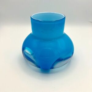 Vintage Modern Mid Century Czech Cased Art Studio Glass Flower Vase Blue Clear